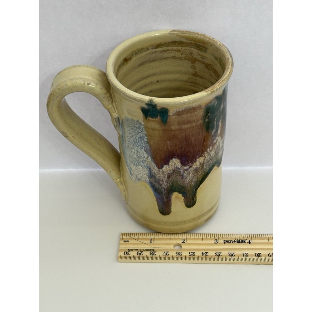 Studio Pottery Mug Tall 5 1/2 inches Drip Glaze Beige Brown Blue Signed Glosssy - Picture 16 of 16